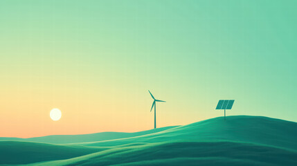Obraz premium Renewable Energy Sunset: A minimalist landscape showcases a serene sunset, highlighting a wind turbine and a solar panel on gentle hills, promoting sustainability and eco-friendly energy sources.