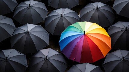 A colorful rainbow umbrella stands out among a sea of black umbrellas, creating a vibrant visual contrast.