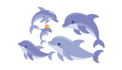 Cute cartoon dolphin collection. Flat vector illustration set of realistic dolphins jumping