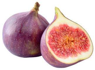 Fig isolated png. Fig with half on white or transparent background. Fresh whole and cut purple fig no background. Full depth of field. Transparent png.