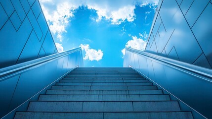 Stairs to a clear blue sky framed by high, sleek walls in a low-angle perspective