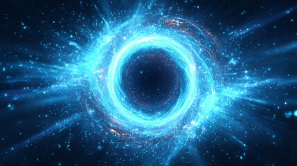 Obraz premium a glowing blue wormhole in deep space, energy swirling and radiating light beams, realistic sci-fi illustration, cosmic energy explosion