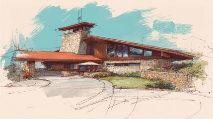 Fototapeta premium Architectural Stone House Sketch with Sloped Roof, and Driveway.