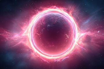 a pink magnetic storm surrounding an alien moon, energy pulses illuminating the surface, outer space view, sci-fi fantasy style