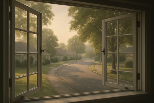 Fototapeta Morning light spills through open window onto peaceful suburban street at dawn