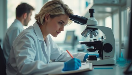 Focused female scientist examining samples under a microscope