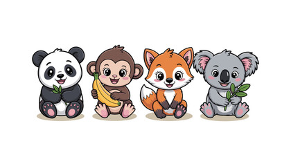 Cute Baby Jungle and Forest Animals Cartoon Set – Panda, Monkey, Fox, Koala