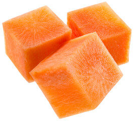Carrot cubes png. Carrot cube on transparent background. Perfect retouched cut carrot no background. Top view. Transparent png. Full depth of field.