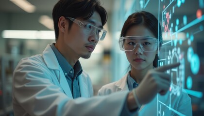 Scientists collaborating on digital data analysis