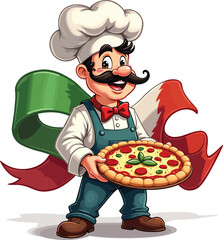 Italian chef pizza illustration: cartoon character holding fresh baked pizza with italian flag background