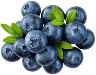 Blueberry isolated png. Blueberry heap with leaves on white or transparent background. Perfect retouched blueberry no background. Png blueberries top view composition. Full depth of field.