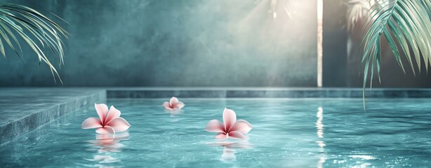 template graphic backgroun A serene indoor pool scene with blooming flowers floating on the water, creating a tranquil atmosphere for relaxation.