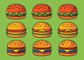 Cartoon Burger Vector Icon Set Isolated on White Background.