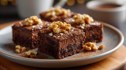 Delicious chocolate brownies topped with walnuts on a plate offer a delightful treat, perfect for dessert or a sweet snack.