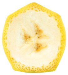 Banana slice isolated png. Sliced banana on white or transparent background. Cut banana no background. Round slice top view. Full depth of field. Transparent png.