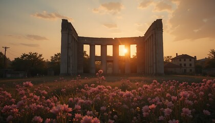 Sunlit Ruins with Pink Petals: An Abandoned Building at Sunset