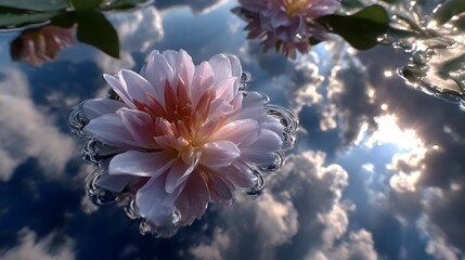Pink and cream flower floating on water with a sky reflection of the sun, clouds, and blue skies. Captured at eye level.