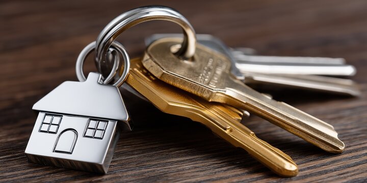 A house key is hanging from a key chain. The house key is gold and silver