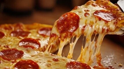 A hand taking slice of delicious cheesy pizza delicious
