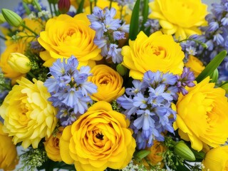 Obraz premium Yellow Ranunculus and Blue Hyacinths Floral Arrangement