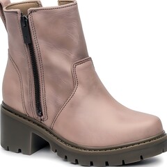 Elegant mauve ankle boot with a sturdy heel on a plain white surface