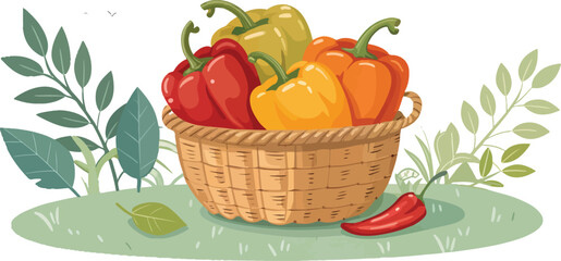 Capsicum illustration vector design, Capsicum in basket in natural background vector design