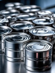 Shiny metal cans are stacked together on a reflective surface, ready for packaging or storage in a factory setting.