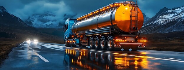 Tanker truck night drive, mountain road