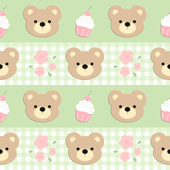 seamless pattern with teddy bears and flowers