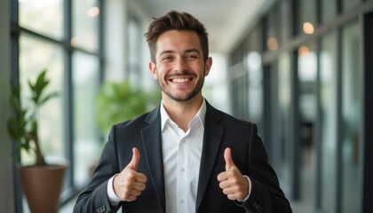 Confident young man giving thumbs up in a modern office