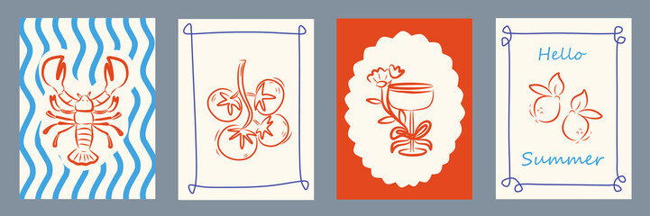 Summer Italy la dolce vita vintage posters. Amalfi or Sicily of postage stamps with image of Italian Mediterranean wine, lobster, lemons, tomato decor. Vector illustration ink doodle sketch style.