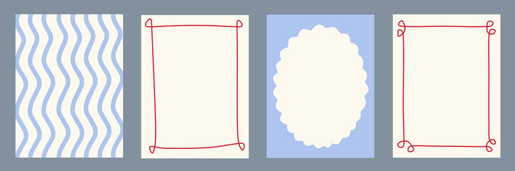 Set of wavy frames. Doodle wave edge borders. Retro Dolce Vita curved shapes, rectangular, oval, circular elements, frame, forms. Abstract vintage geometric posters. Whimsical summer vector pattern.