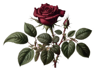 Victorian rose vine clipart with dark red flowers intricate stems and detailed green foliage isolated on white background perfect for romantic vintage illustrations