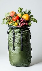 A verdant backpack overflowing with a bounty of fresh fruits and vegetables.  A diverse selection of colorful produce, including tomatoes, grapes, citrus fruits, and leafy greens, fills the pack