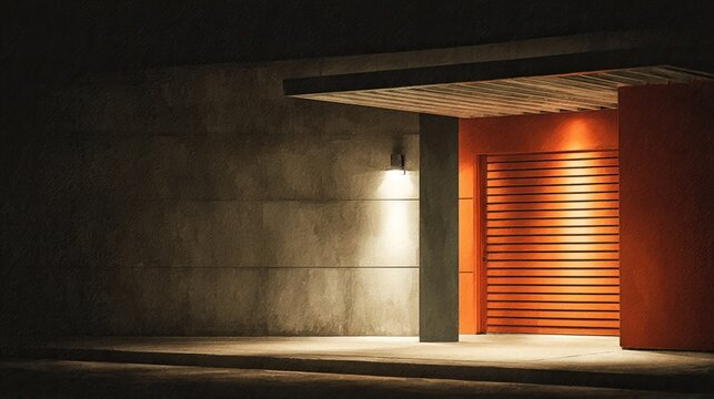 Orange Garage Door Glows in the Night Shadow.