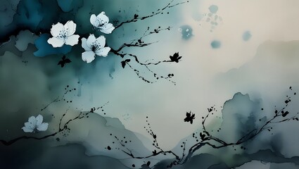 Blue sky with abstract watercolor cloud patterns and vintage ink splatter design