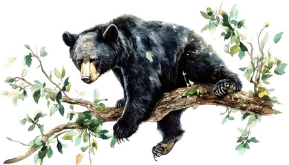 A black bear clipart, climbing a tree, watercolor painting, deep blacks and greens, isolated on white background