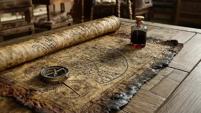 Ancient treasure map with compass and potion on wooden table