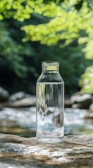 Premium clean water concept, minimalist glass design on a natural background, elegant hydration theme, simple and fresh look