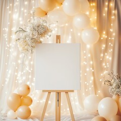 Blank canvas on easel with balloons and fairy lights for celebration decor, event styling, party branding and creative presentations