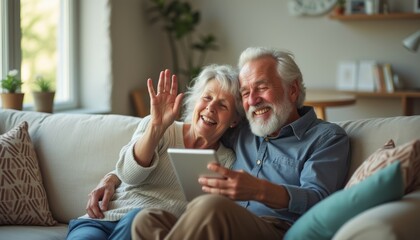 Joyful elderly couple sharing a video call