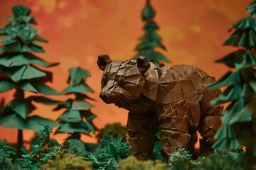 Origami Bear in Forest: Paper Art Sculpture Amidst Nature's Vibrant Foliage and Intricate Details