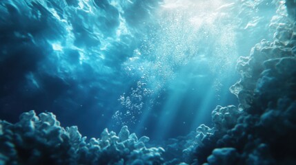 Fototapeta premium Premium underwater photography of coral close-up, soft blue lighting with marine life details and serene ocean background
