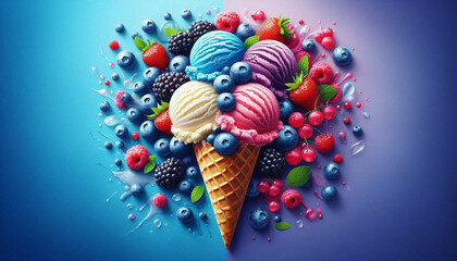 Ice cream cone of different flavors and shapes merging with bright blueberries and raspberries on a colorful background, high contrast, bright colors, photorealistic, appetizing composition