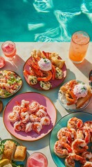 Colorful seafood lunch by the pool with shrimp, appetizers, and cocktails – ideal for summer menus, resort ads, vacation promotions, and tropical lifestyle content