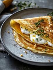 Golden cheese crepe folded on ceramic plate with herbs for breakfast menus, comfort food visuals, recipe blogs and restaurant branding