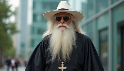 Obraz premium Elderly man with long white beard and stylish hat