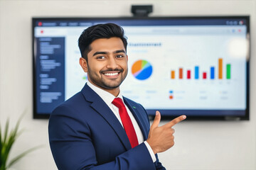 A young man in a business suit points towards a large screen displaying data visualizations, conveying confidence and presenting information.