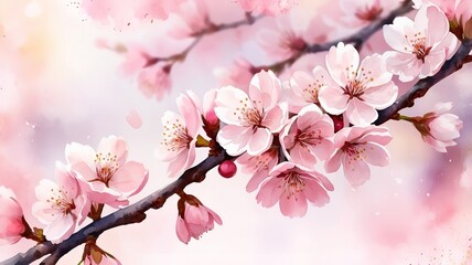 Fototapeta premium Watercolor of cherry blossoms highlighted against a bokeh background.