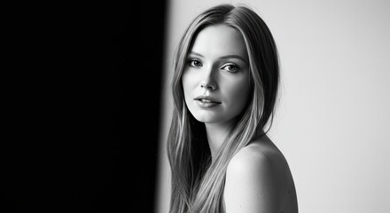 Naklejka premium Black And White Portrait Of A Young Woman With Long Hair And Elegant Look Photo